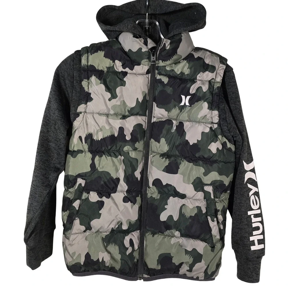 Hurley Kids Camo Puffer Vest Hoodie Combo Green Gray White Logo Youth Size‎ M